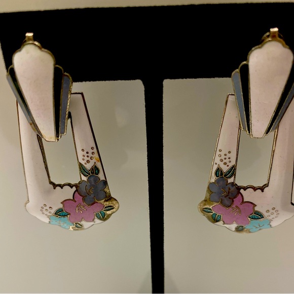 VINTAGE ART DECO STYLE 1970/80’s SIGNED REO ENAMEL CONVERTIBLE EARRINGS - Picture 4 of 5